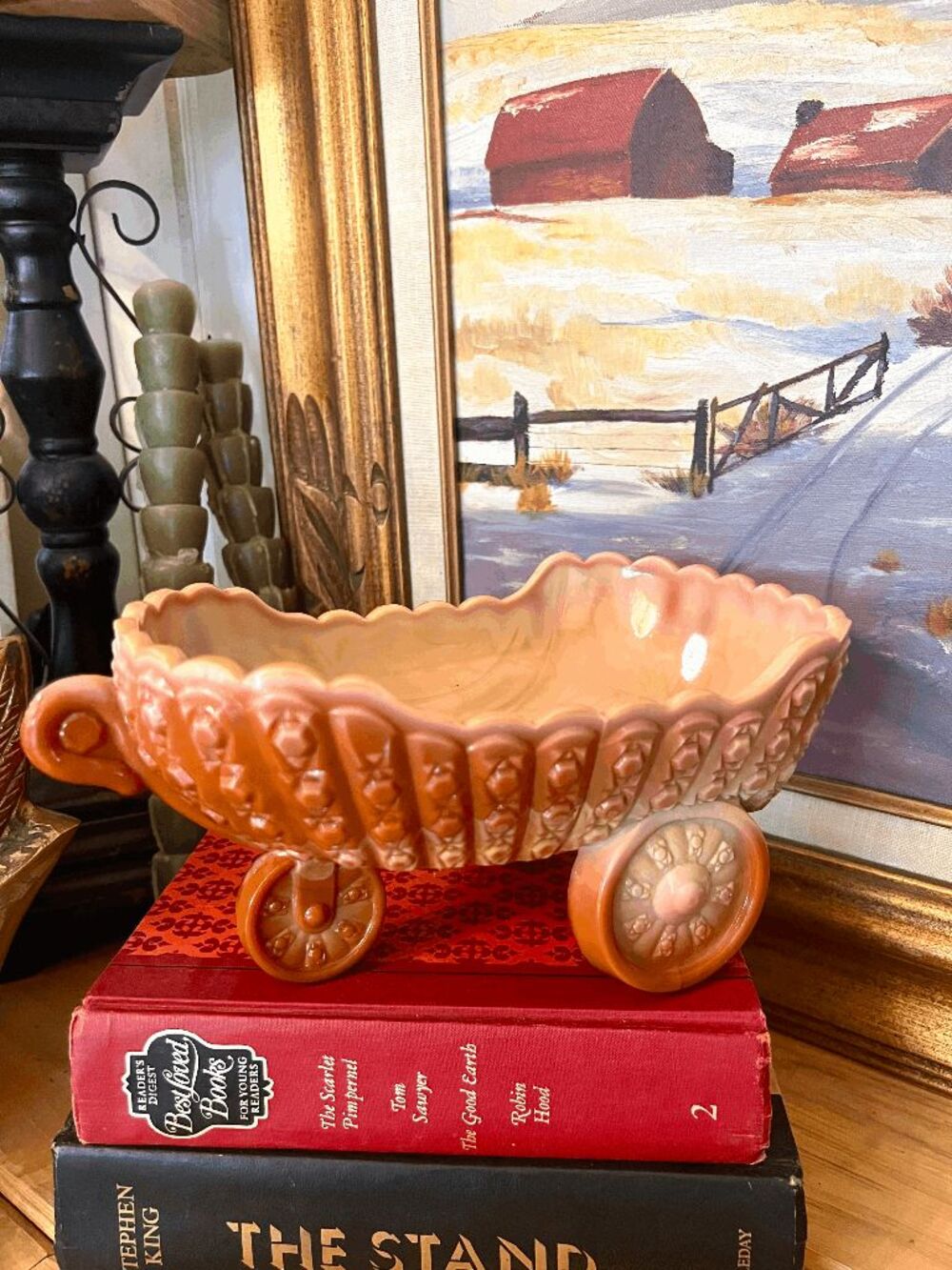 Vintage L.G. Wright Pink Slag Glass Baby Carriage Coach Bowl Daisy Button